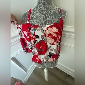 Cupcakes & Cashmere Womens Red Floral Cold Shoulder Blouse Size M